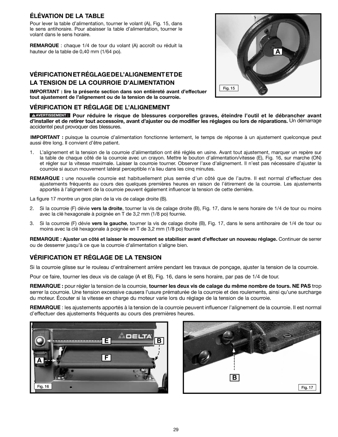 Delta 31-260X Élévation DE LA Table, Vérification ET Réglage DE L’ALIGNEMENT, Vérification ET Réglage DE LA Tension 