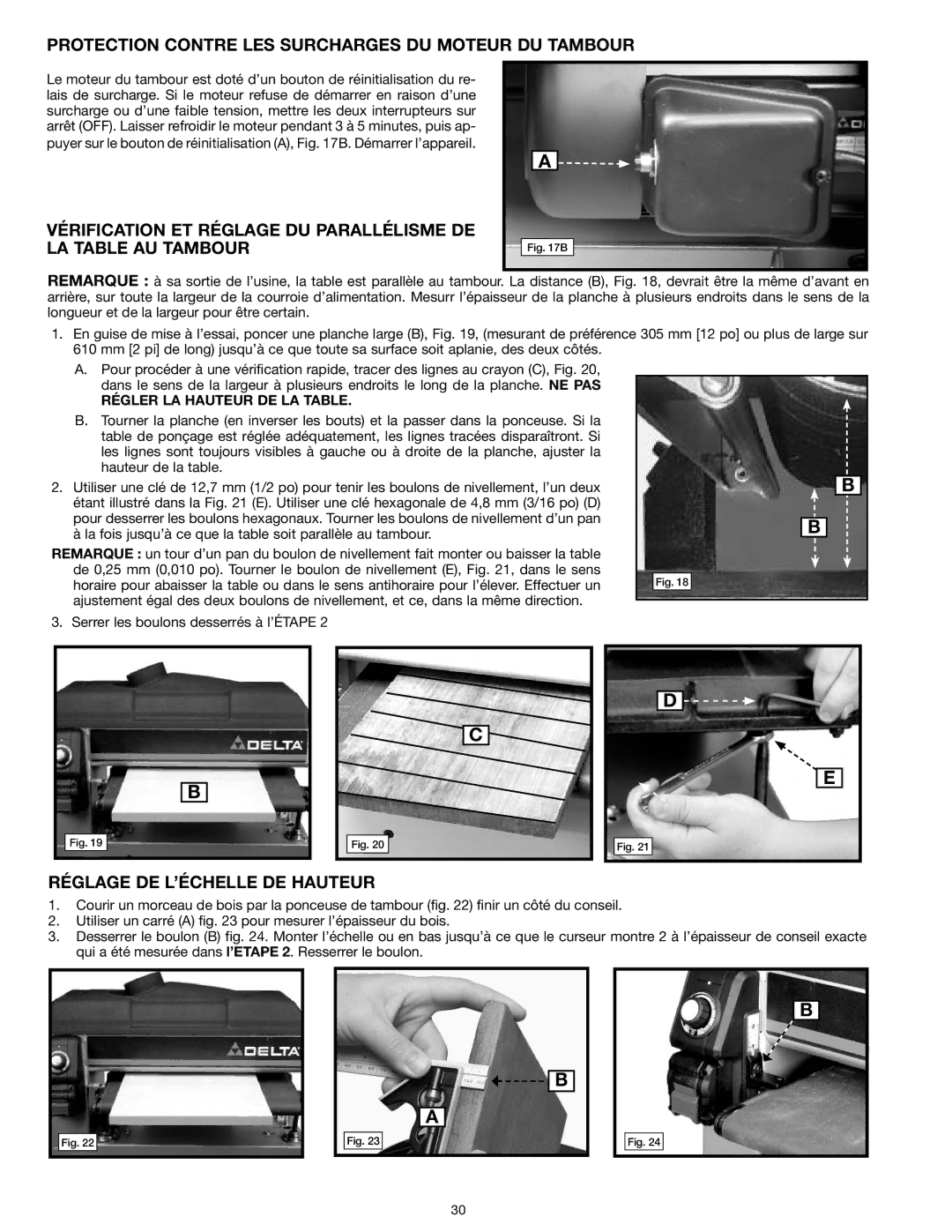 Delta 31-260X instruction manual Protection Contre LES Surcharges DU Moteur DU Tambour, Réglage DE L’ÉCHELLE DE Hauteur 