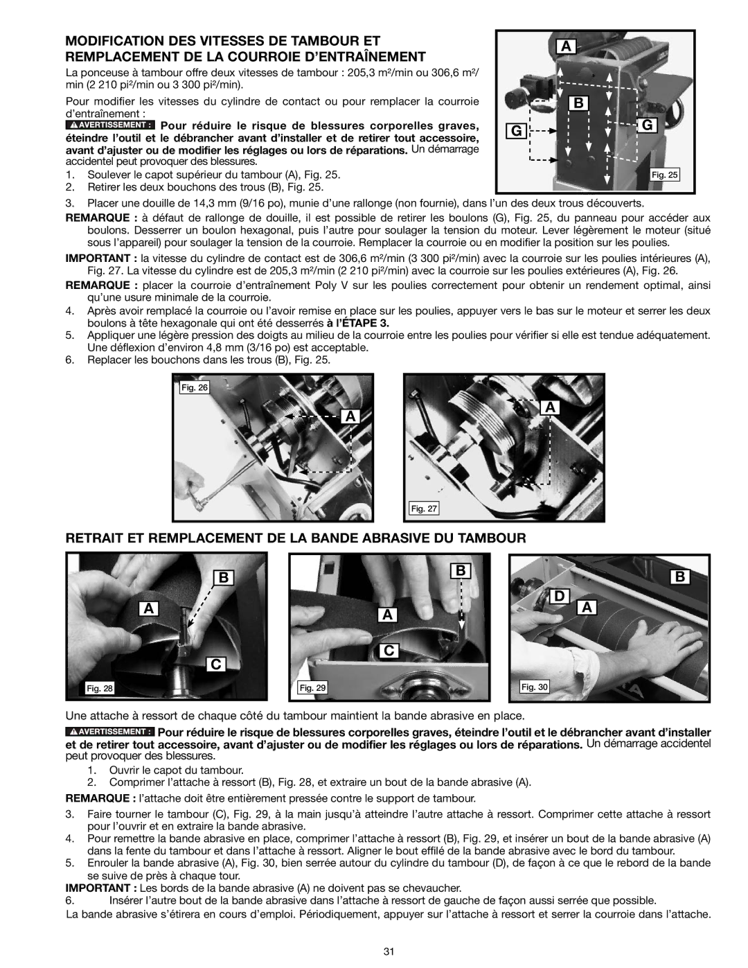 Delta 31-260X instruction manual Retrait ET Remplacement DE LA Bande Abrasive DU Tambour 