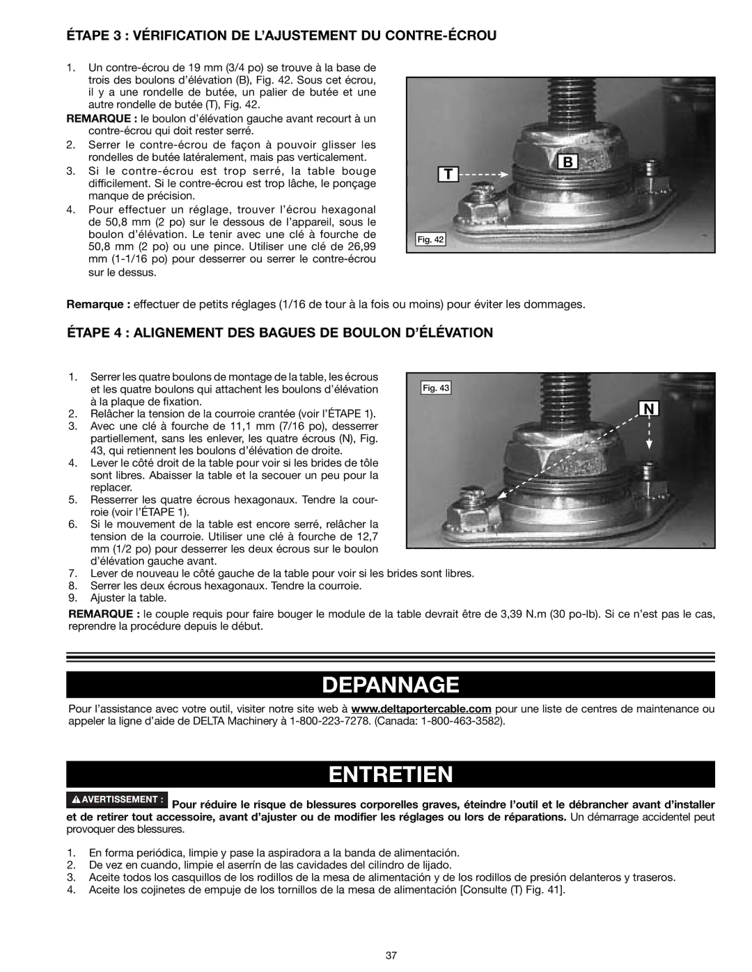 Delta 31-260X instruction manual Depannage Entretien, Étape 3 Vérification DE L’AJUSTEMENT DU CONTRE-ÉCROU 