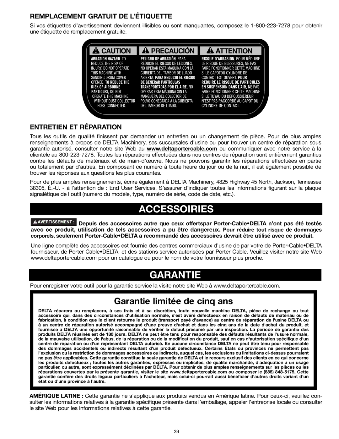 Delta 31-260X instruction manual Accessoiries, Garantie, Remplacement Gratuit DE L’ÉTIQUETTE, Entretien ET Réparation 