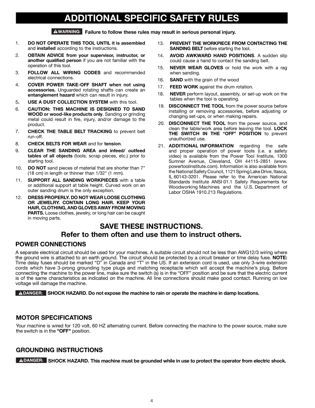 Delta 31-260X Additional Specific Safety Rules, Power Connections, Motor Specifications, Grounding Instructions 