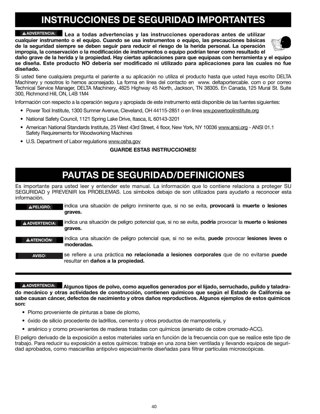 Delta 31-260X instruction manual Instrucciones DE Seguridad Importantes, Pautas DE SEGURIDAD/DEFINICIONES 