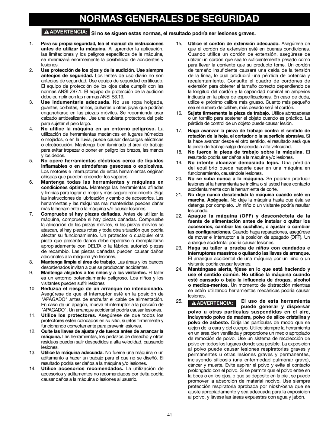 Delta 31-260X instruction manual Normas Generales DE Seguridad 