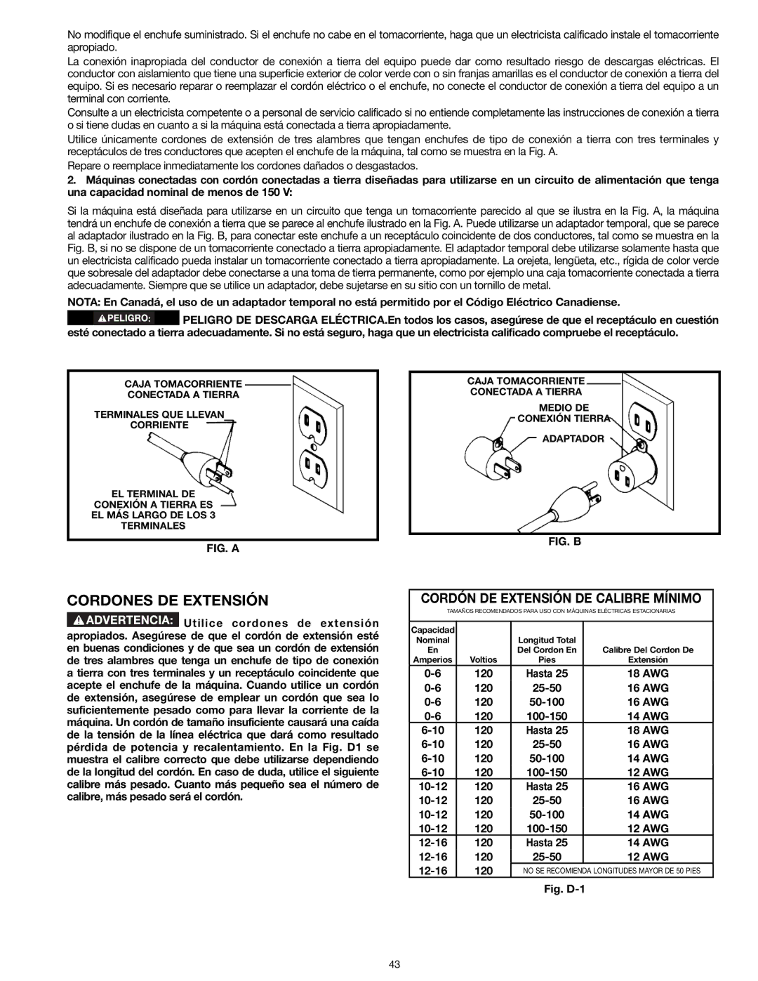 Delta 31-260X instruction manual Cordones DE Extensión, Cordón DE Extensión DE Calibre Mínimo 