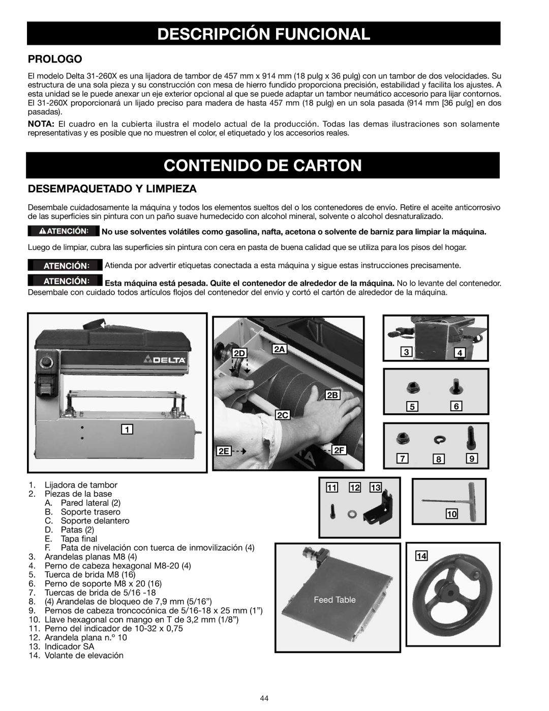 Delta 31-260X instruction manual Descripción Funcional, Contenido DE Carton, Prologo, Desempaquetado Y Limpieza 