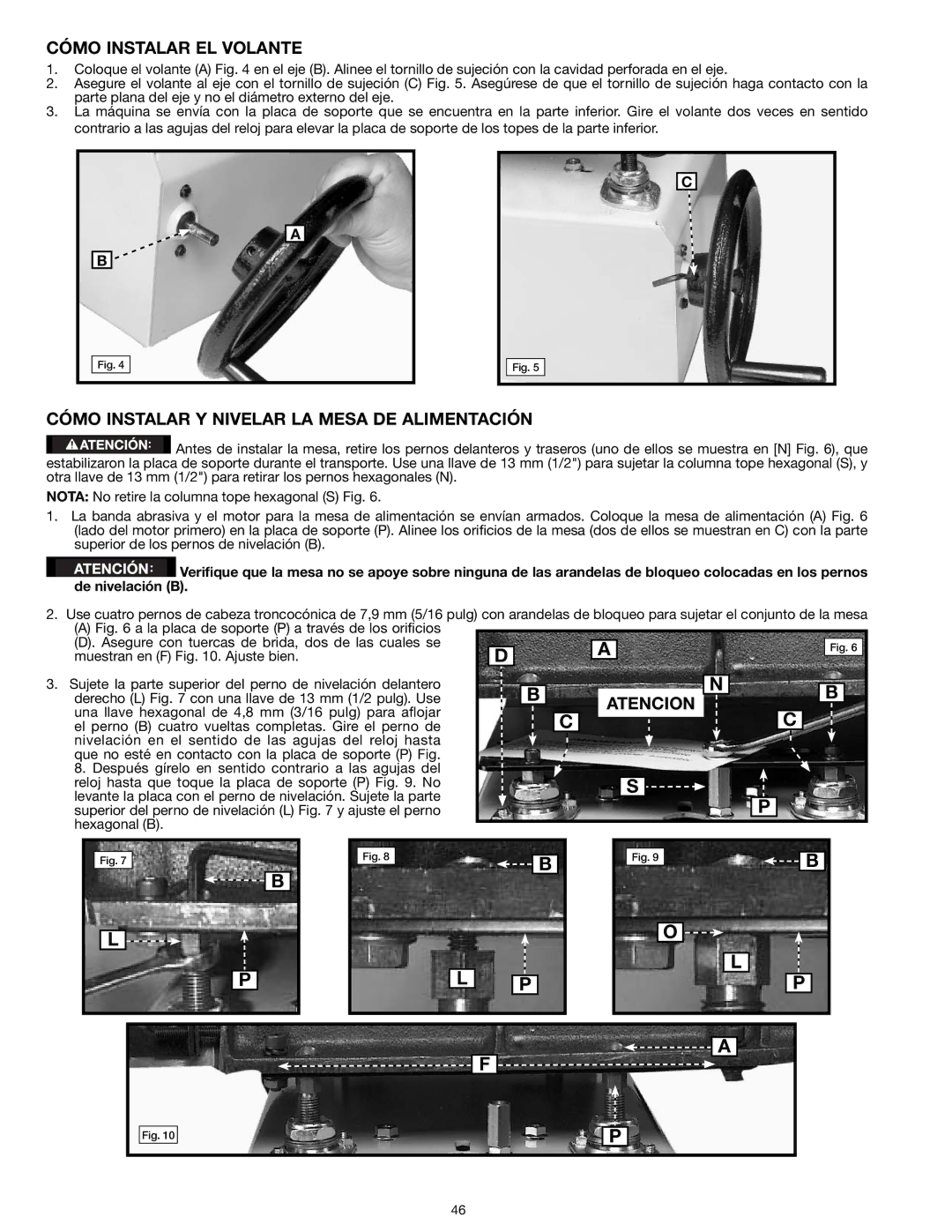 Delta 31-260X instruction manual Cómo Instalar EL Volante, Cómo Instalar Y Nivelar LA Mesa DE Alimentación, Atencion 