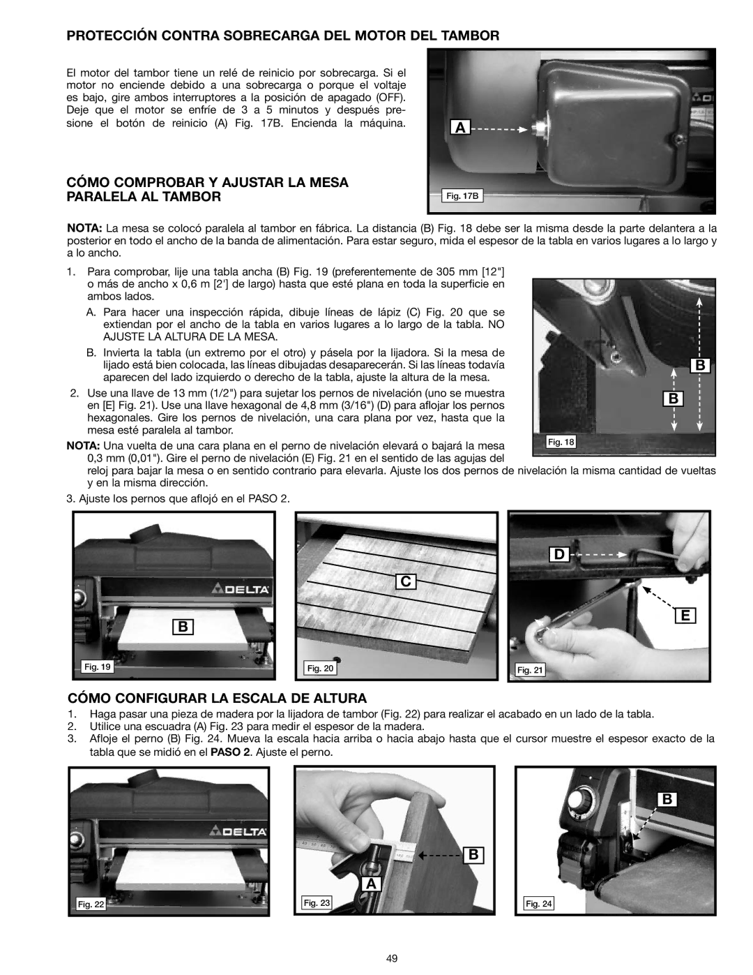 Delta 31-260X Protección Contra Sobrecarga DEL Motor DEL Tambor, Cómo Comprobar Y Ajustar LA Mesa Paralela AL Tambor 