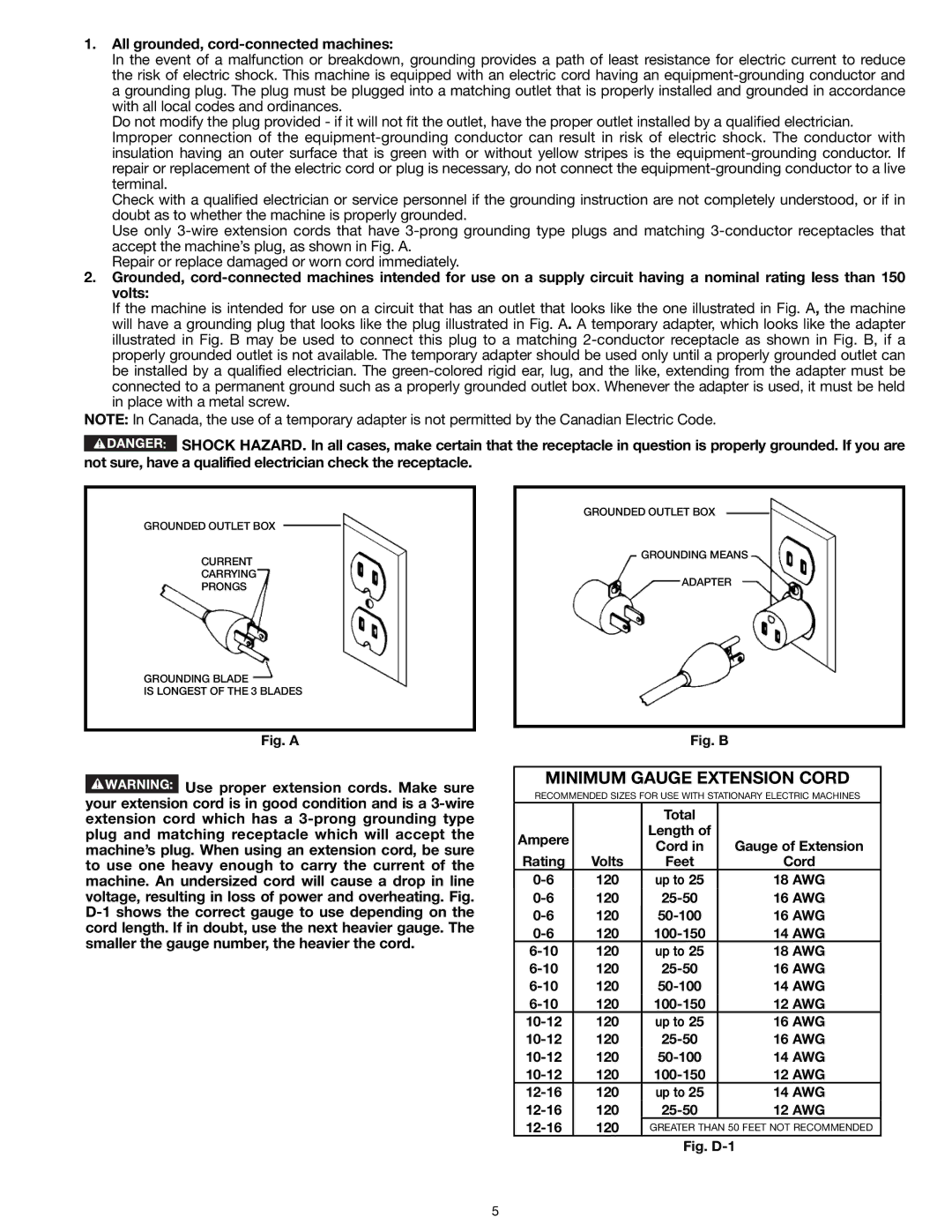 Delta 31-260X instruction manual Minimum Gauge Extension Cord, All grounded, cord-connected machines 