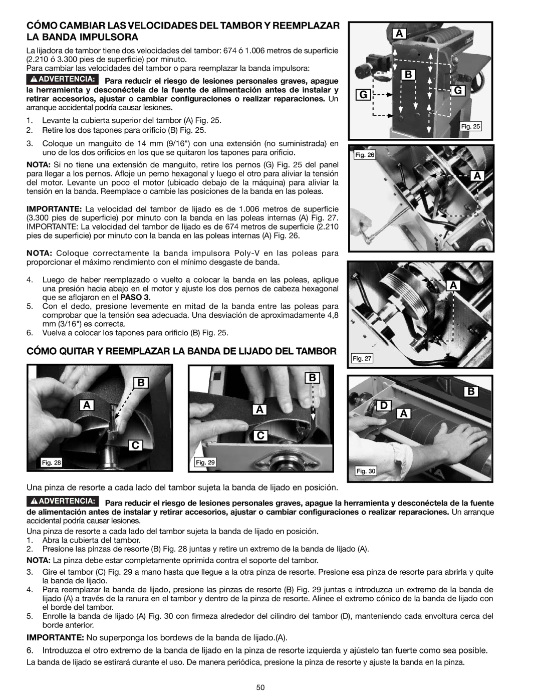 Delta 31-260X instruction manual Cómo Quitar Y Reemplazar LA Banda DE Lijado DEL Tambor 