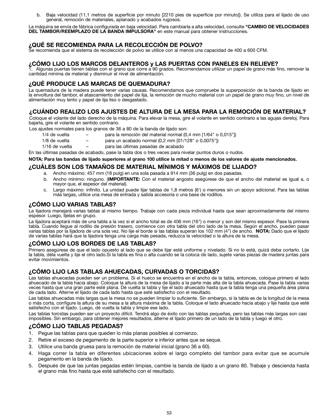 Delta 31-260X instruction manual ¿QUÉ SE Recomienda Para LA Recolección DE POLVO?, ¿QUÉ Produce LAS Marcas DE QUEMADURA? 