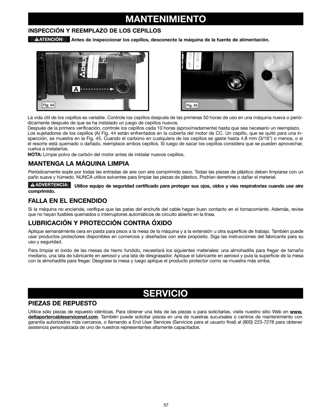 Delta 31-260X instruction manual Mantenimiento, Servicio 