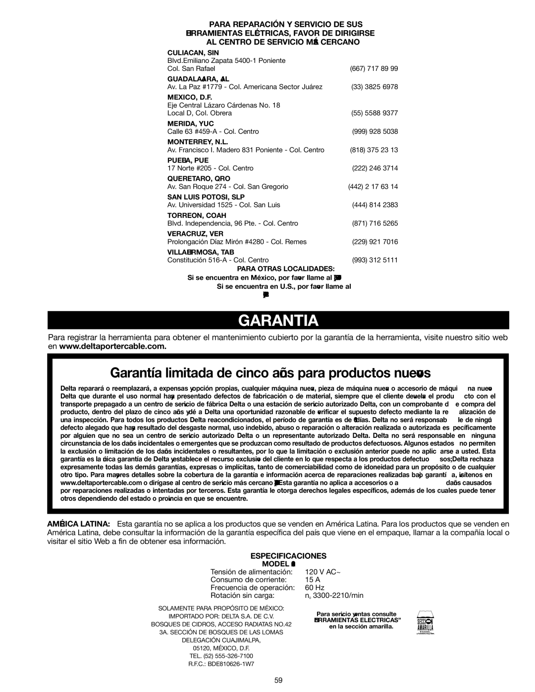 Delta 31-260X instruction manual Garantia, Para Otras Localidades 