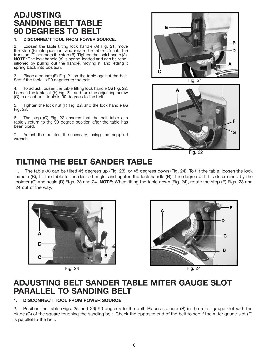 Delta 31-280 instruction manual Adjusting Sanding Belt Degrees to Belt, Tilting the Belt Sander Table 