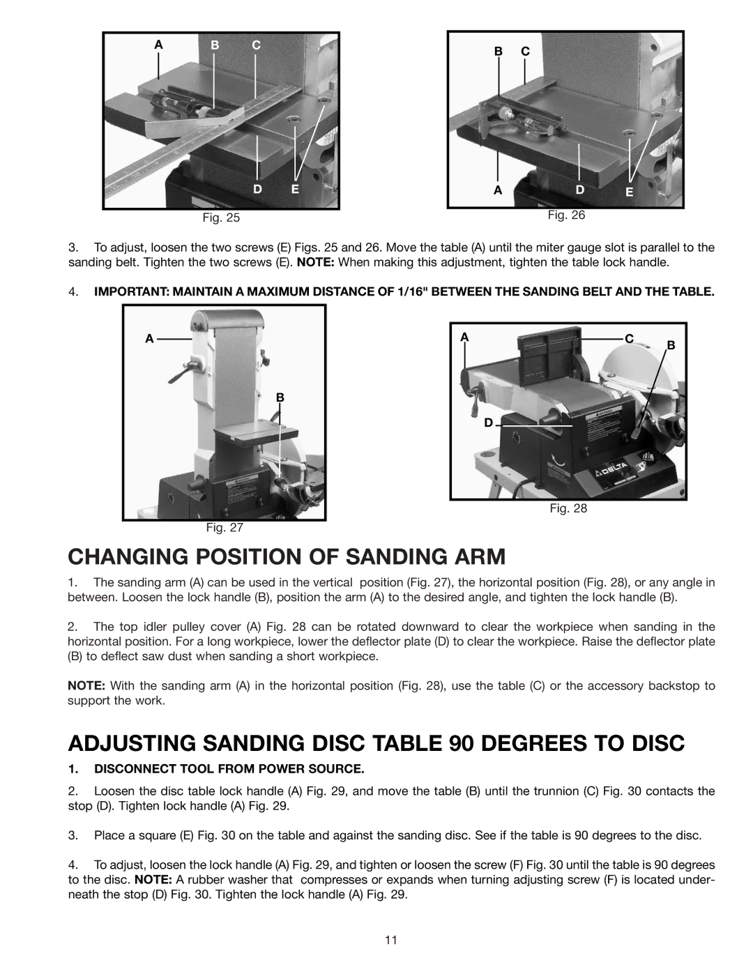 Delta 31-280 instruction manual Changing Position of Sanding ARM, Adjusting Sanding Disc Degrees to Disc 