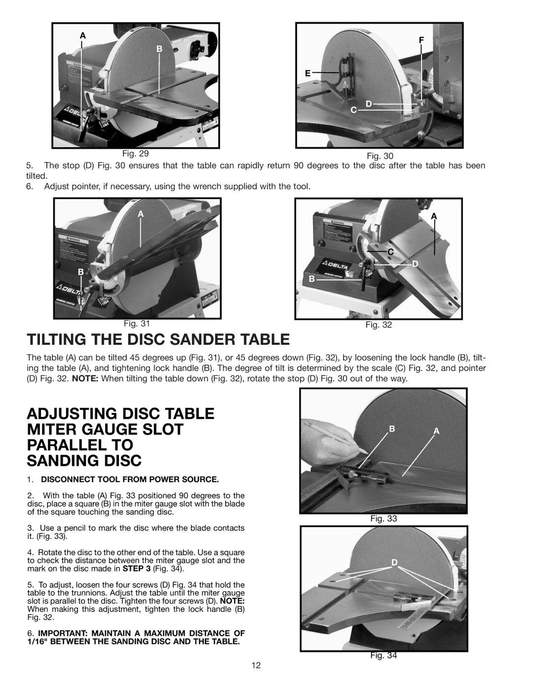 Delta 31-280 instruction manual Tilting the Disc Sander Table 