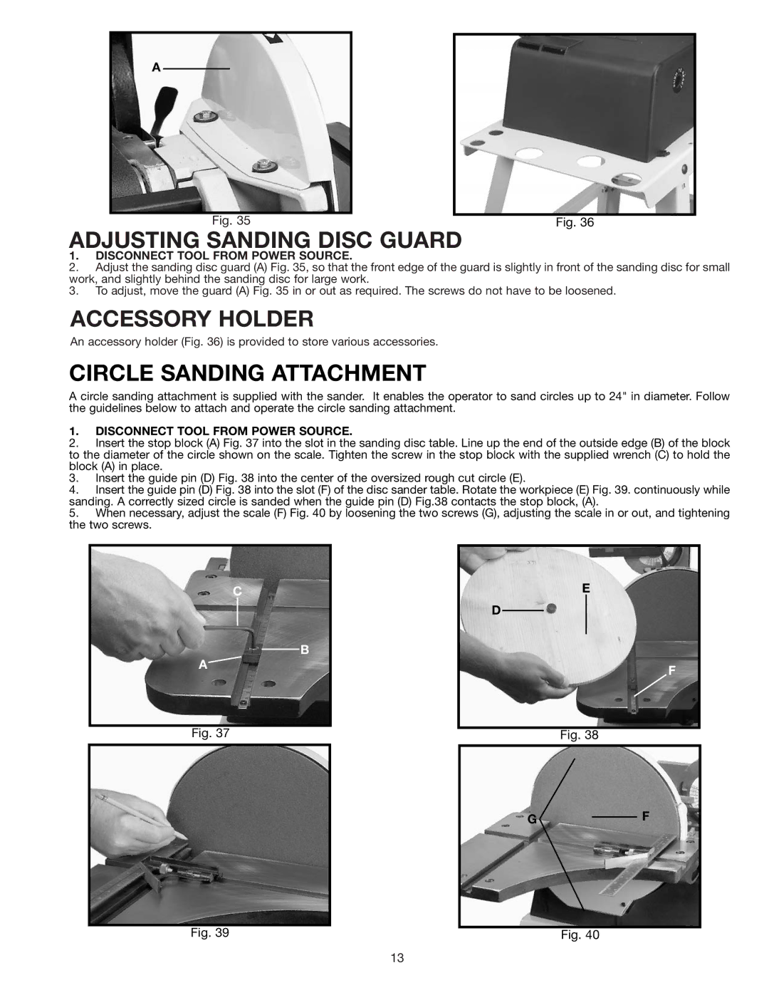 Delta 31-280 instruction manual Adjusting Sanding Disc Guard, Accessory Holder, Circle Sanding Attachment 