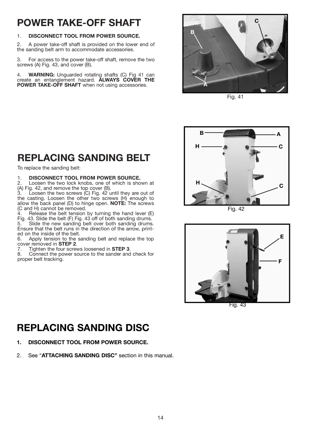 Delta 31-280 instruction manual Power TAKE-OFF Shaft, Replacing Sanding Belt, Replacing Sanding Disc 