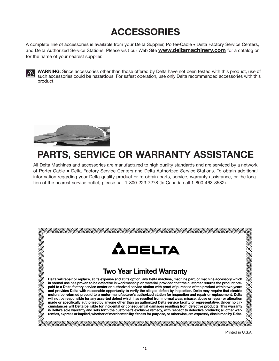 Delta 31-280 instruction manual Accessories PARTS, Service or Warranty Assistance 