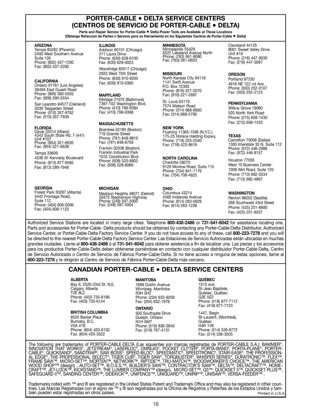 Delta 31-280 instruction manual Canadian PORTER-CABLE Delta Service Centers 