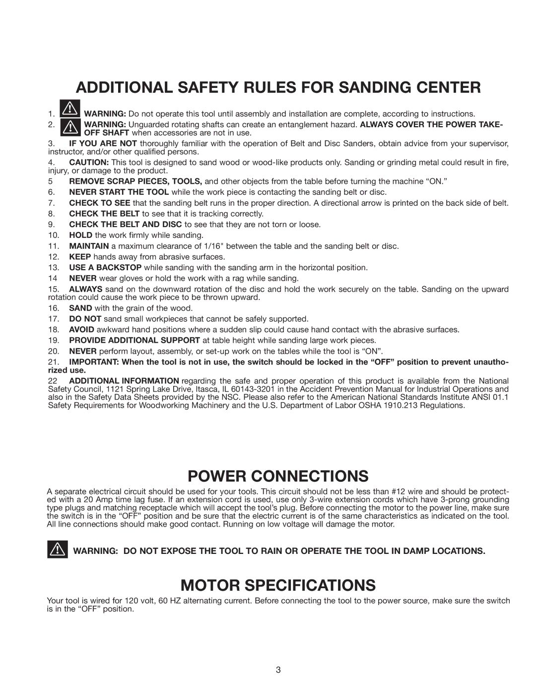 Delta 31-280 instruction manual Additional Safety Rules for Sanding Center, Power Connections, Motor Specifications 