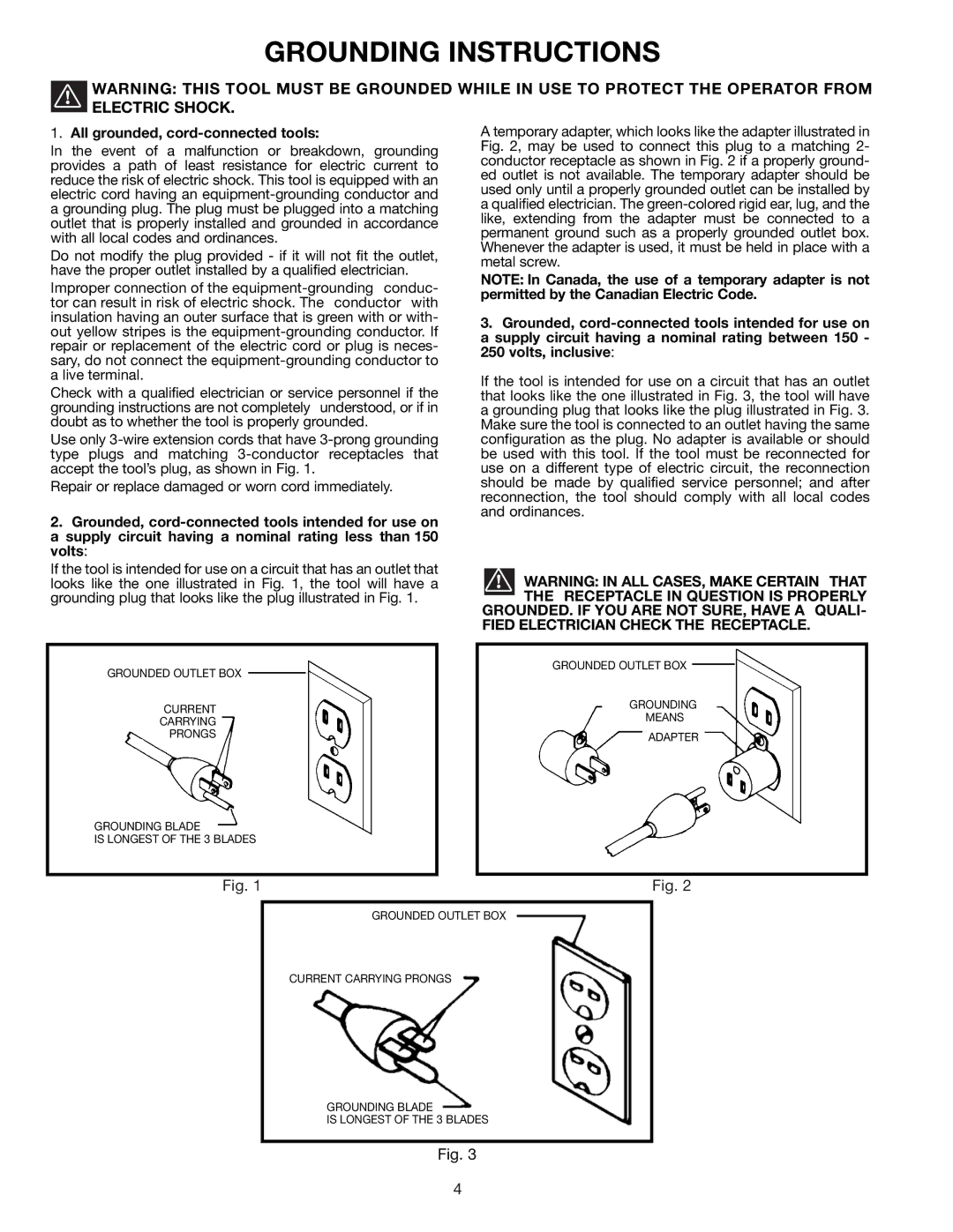 Delta 31-280 instruction manual Grounding Instructions, All grounded, cord-connected tools 