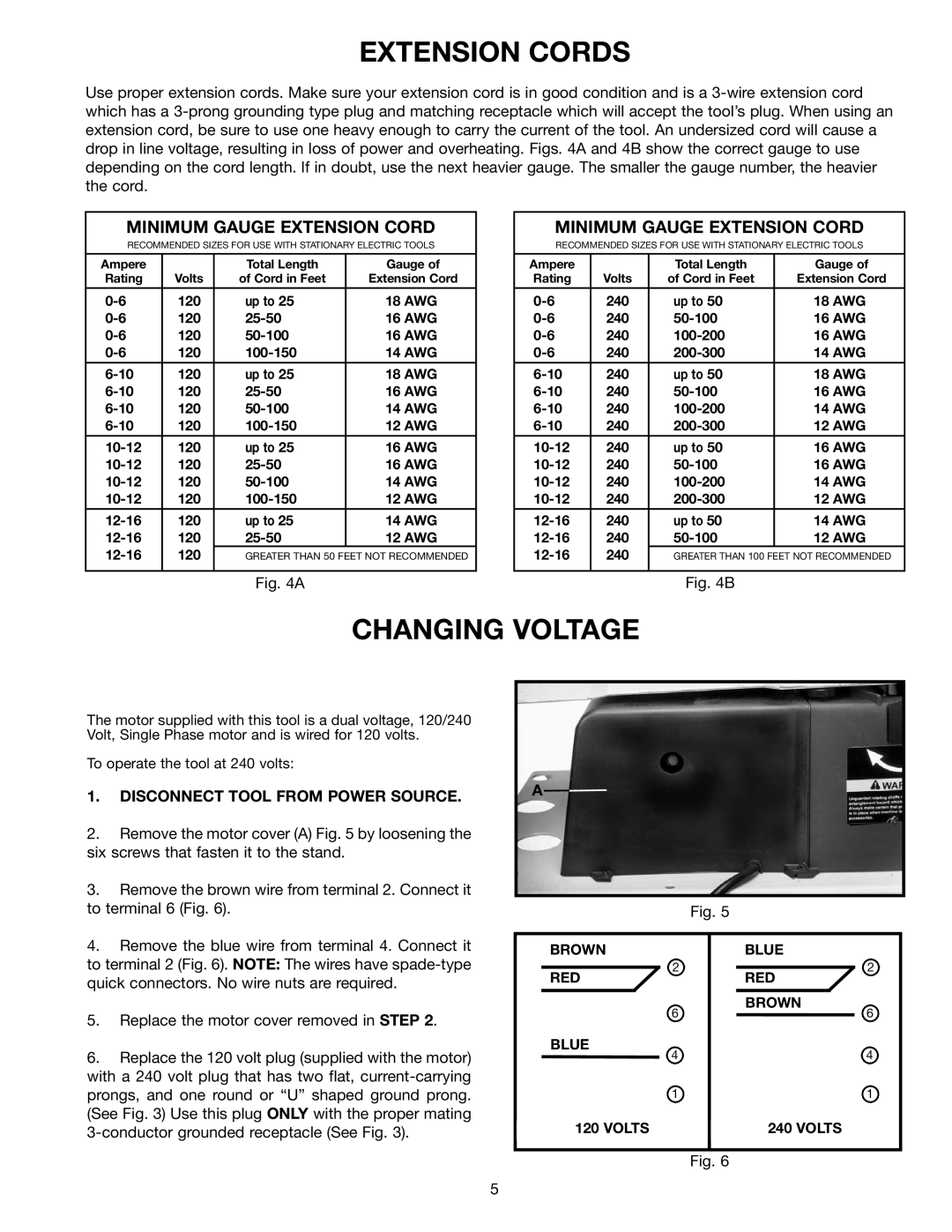 Delta 31-280 instruction manual Extension Cords, Changing Voltage 