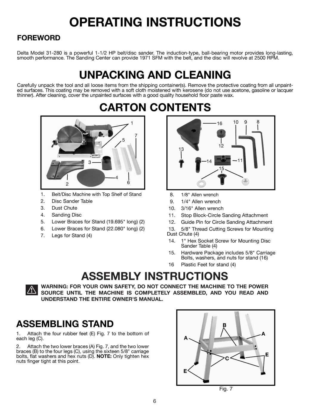 Delta 31-280 instruction manual Operating Instructions 