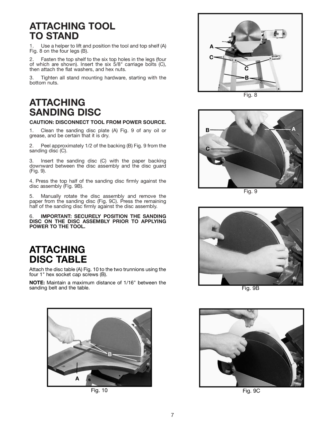 Delta 31-280 instruction manual Attaching Tool To Stand, Attaching Sanding Disc, Attaching Disc Table 