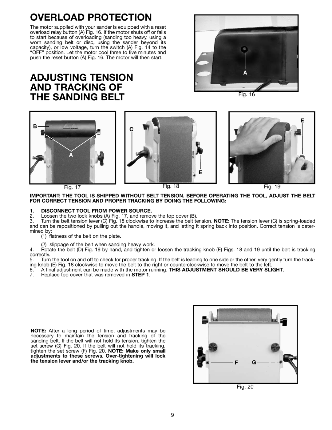 Delta 31-280 instruction manual Overload Protection, Adjusting Tension and Tracking of the Sanding Belt 