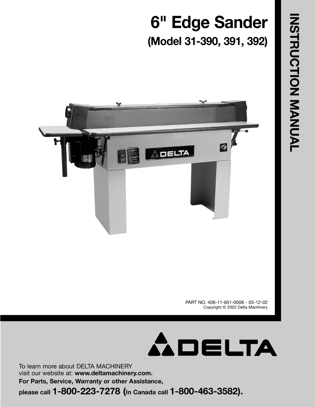 Delta 31-392, 31-390 instruction manual Edge Sander 