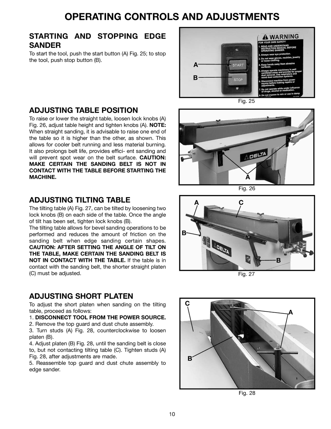 Delta 31-390, 31-392 Operating Controls and Adjustments, Starting and Stopping Edge Sander, Adjusting Table Position 