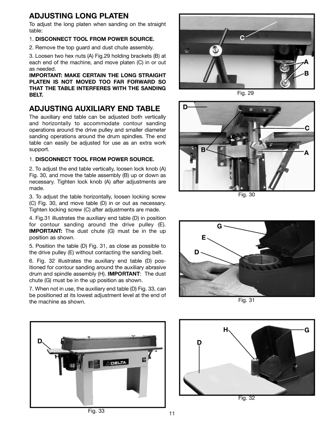 Delta 31-392, 31-390 instruction manual Adjusting Long Platen, Adjusting Auxiliary END Table 