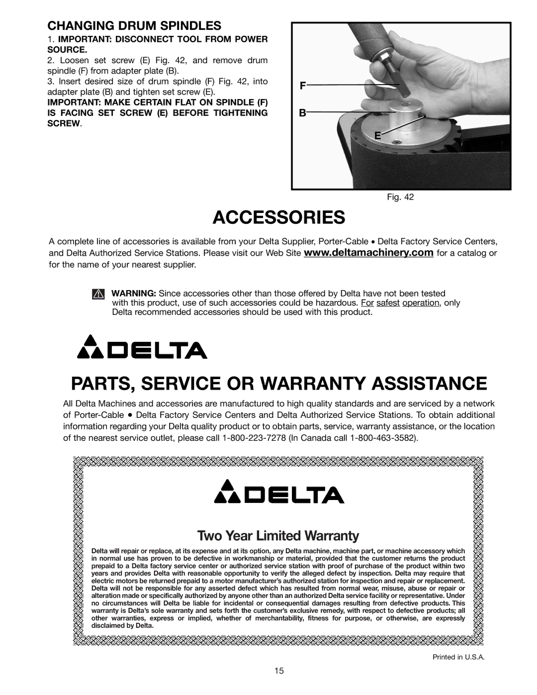 Delta 31-392, 31-390 instruction manual Changing Drum Spindles, Important Disconnect Tool from Power Source 