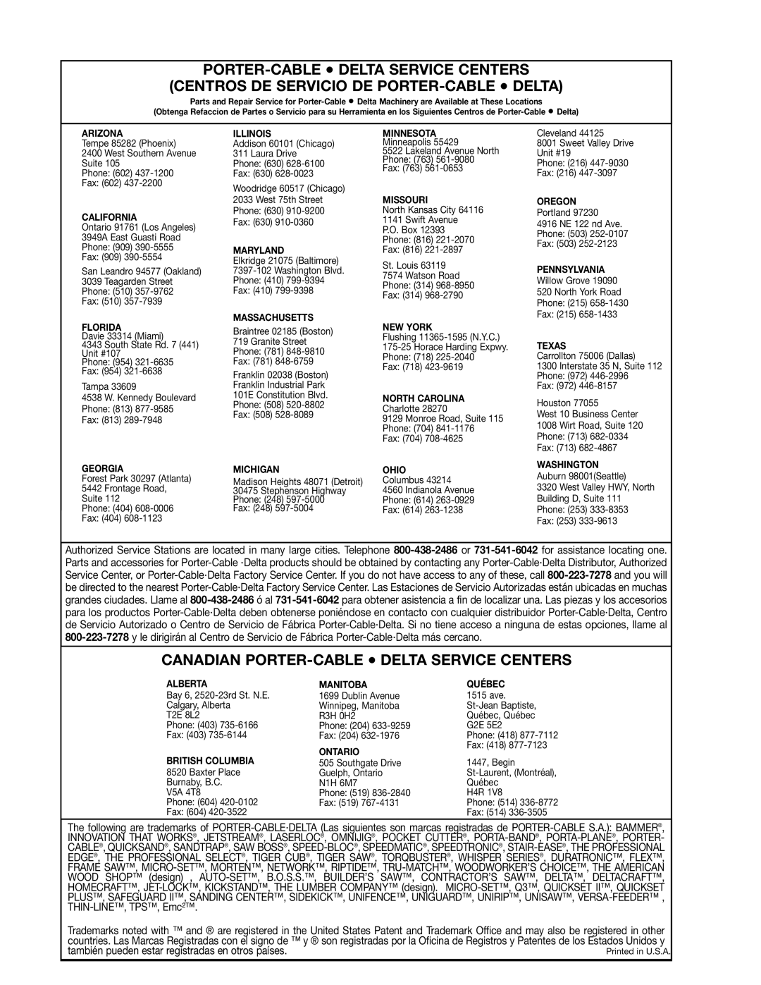 Delta 31-390, 31-392 instruction manual Canadian PORTER-CABLE Delta Service Centers 