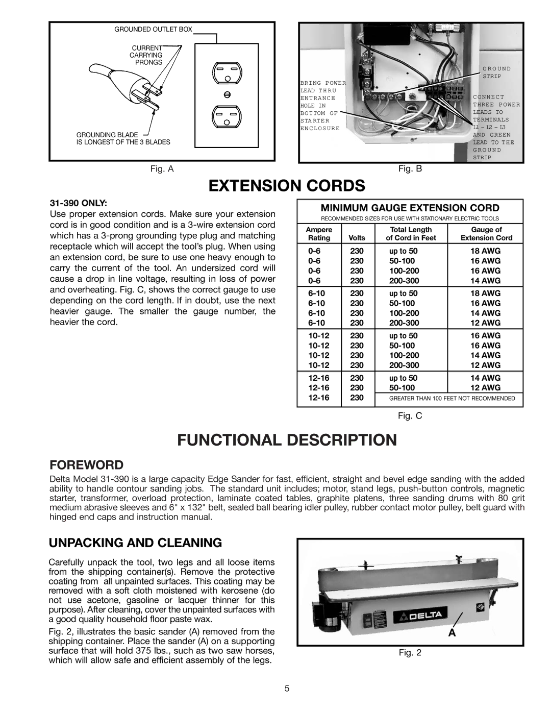 Delta 31-392, 31-390 instruction manual Extension Cords, Unpacking and Cleaning 