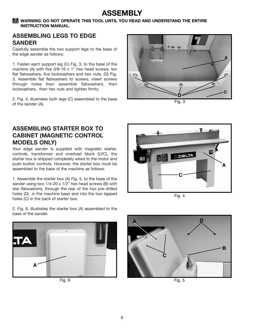 Delta 31-390, 31-392 instruction manual Assembly, Assembling Legs to Edge Sander 