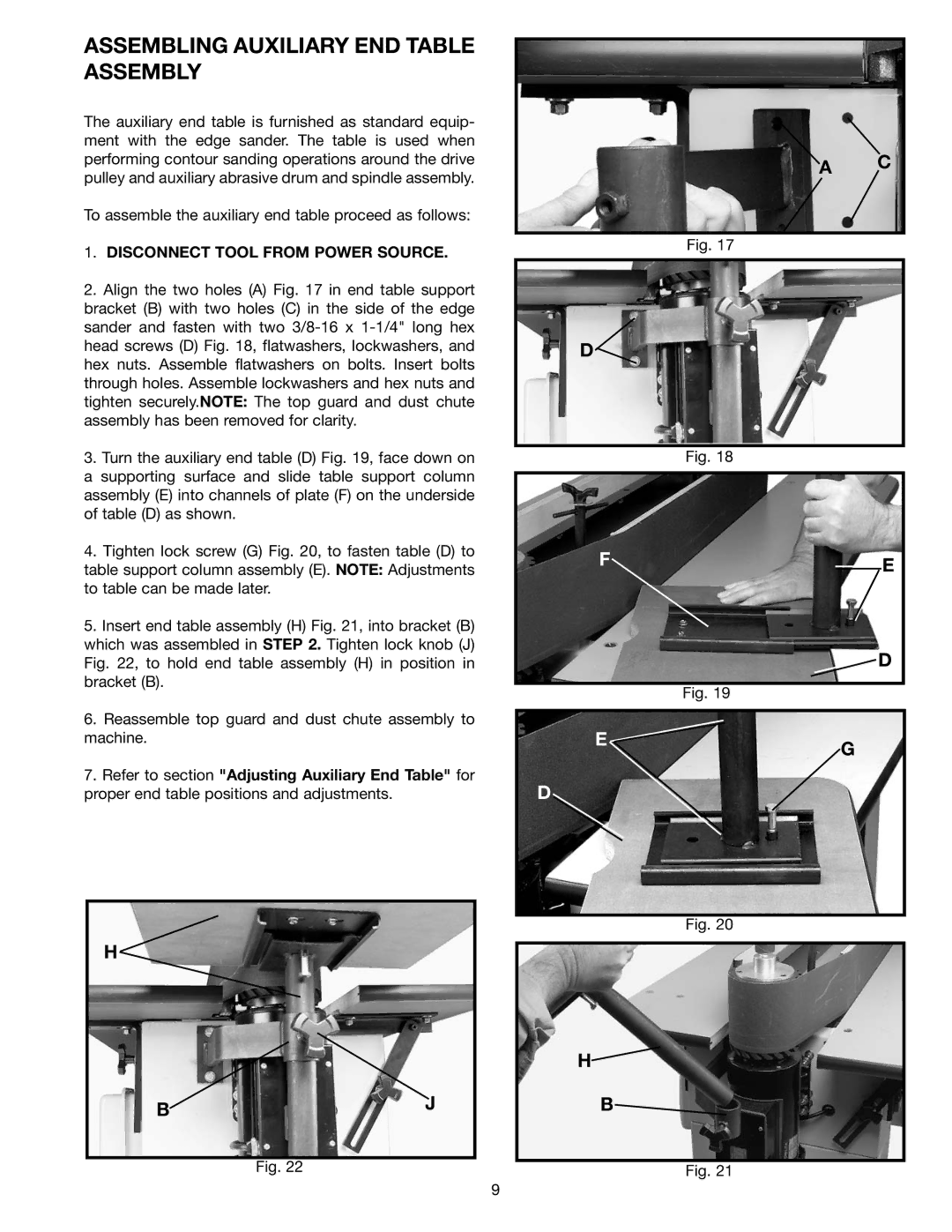 Delta 31-392, 31-390 instruction manual Assembling Auxiliary END Table Assembly, Disconnect Tool from Power Source 