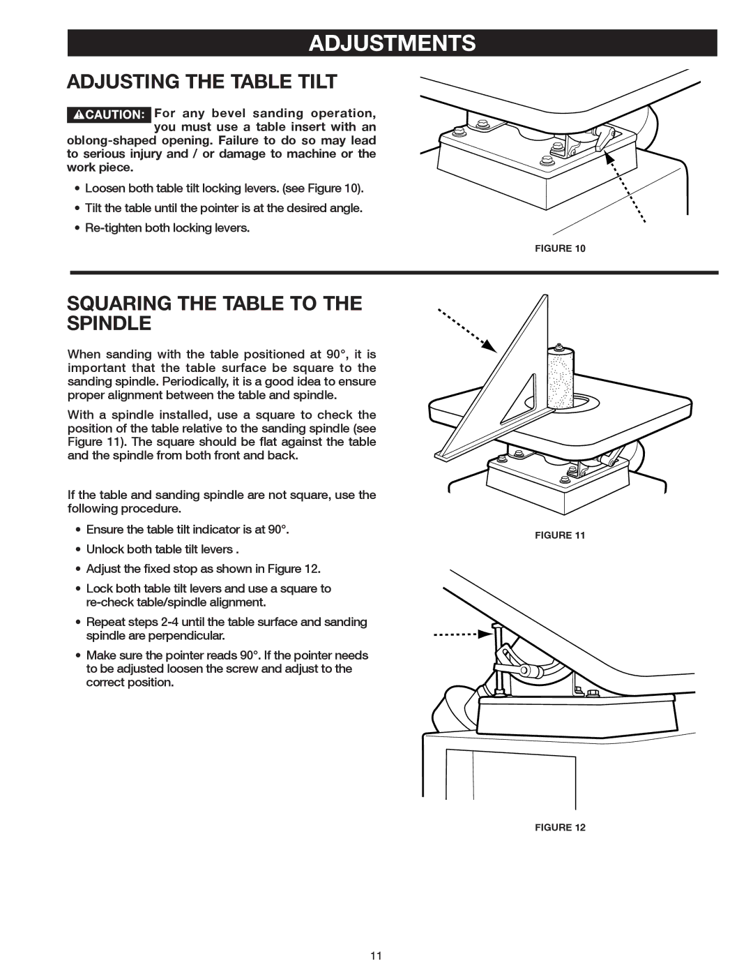 Delta 31-483 operating instructions Adjustments, Adjusting the Table Tilt, Squaring the Table to the Spindle 