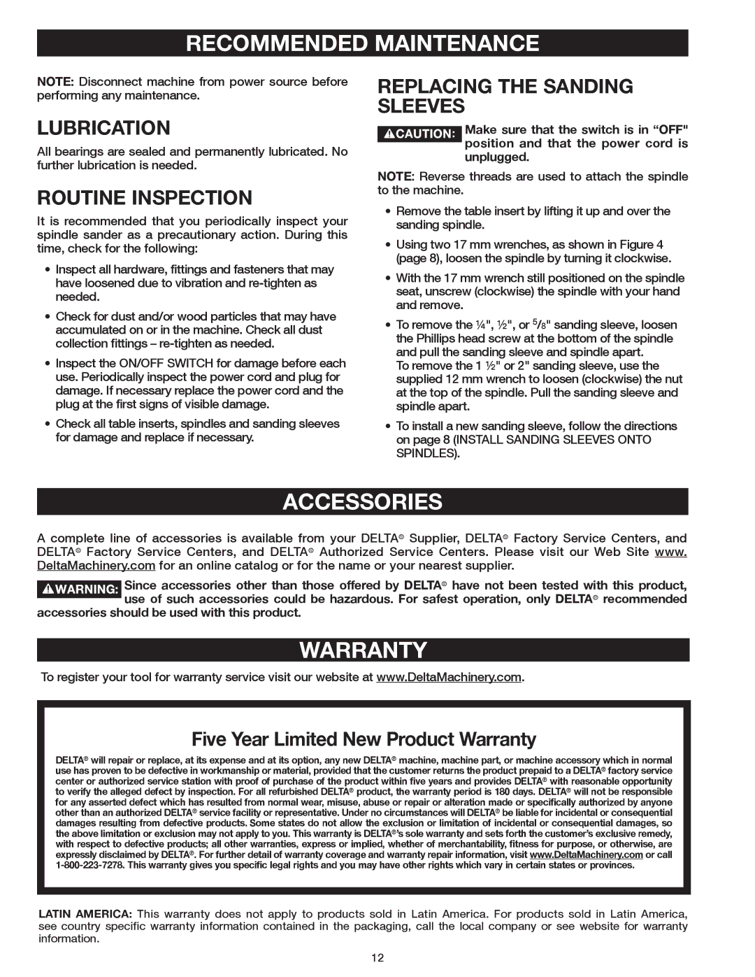 Delta 31-483 operating instructions Recommended Maintenance, Accessories, Warranty 