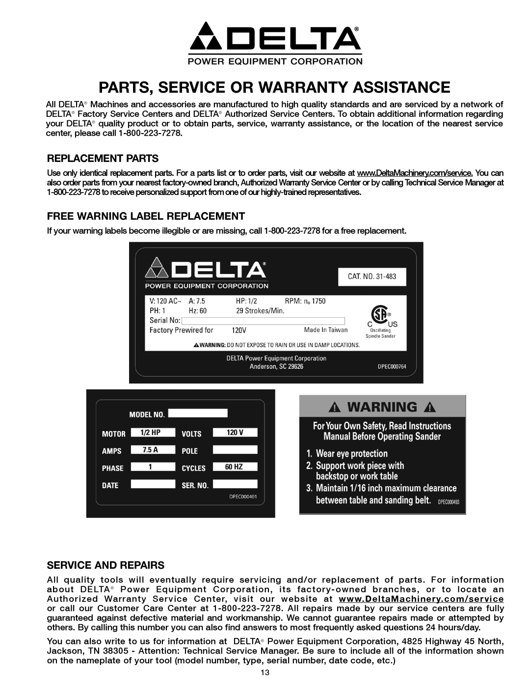 Delta 31-483 operating instructions Replacement Parts, Service and Repairs 