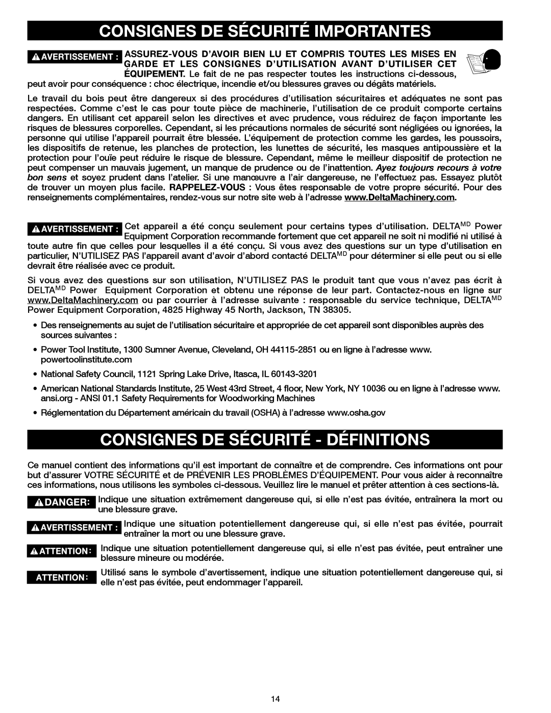 Delta 31-483 operating instructions Consignes DE Sécurité Importantes, Consignes DE Sécurité Définitions 