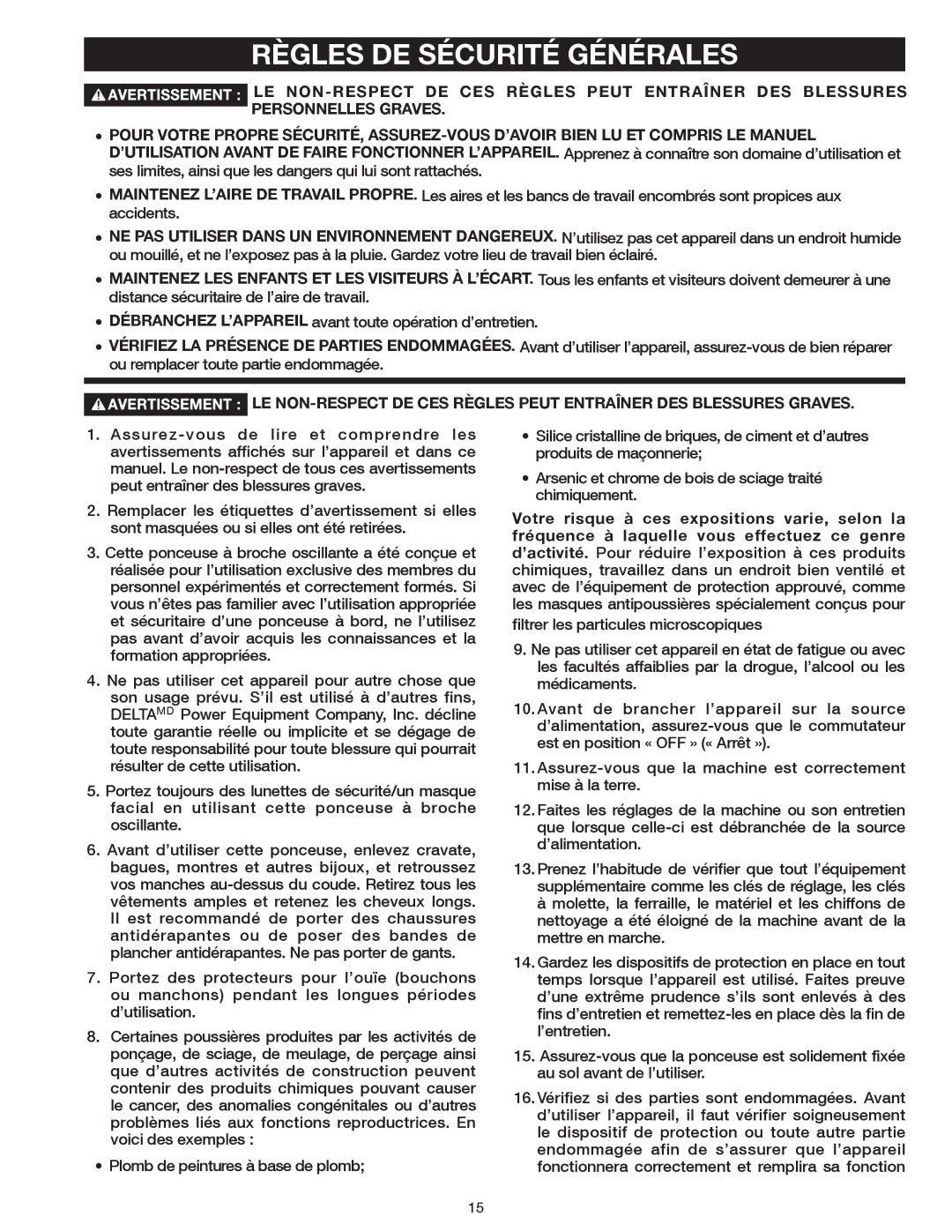 Delta 31-483 operating instructions Règles DE Sécurité Générales 