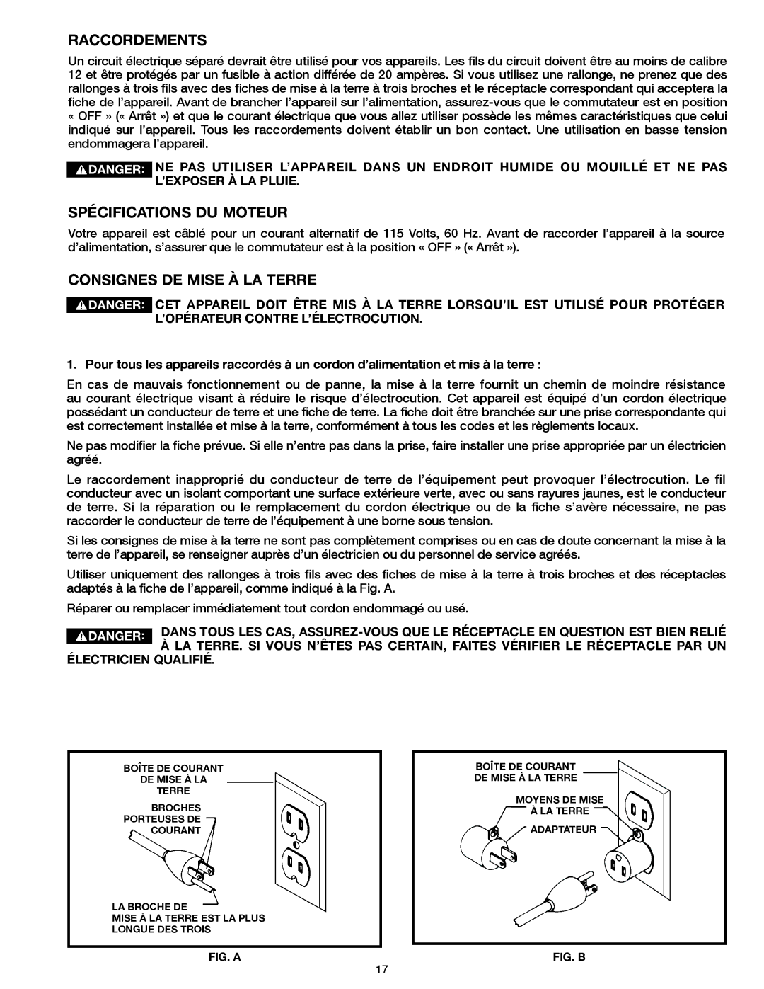 Delta 31-483 operating instructions Raccordements, Spécifications DU Moteur, Consignes DE Mise À LA Terre 