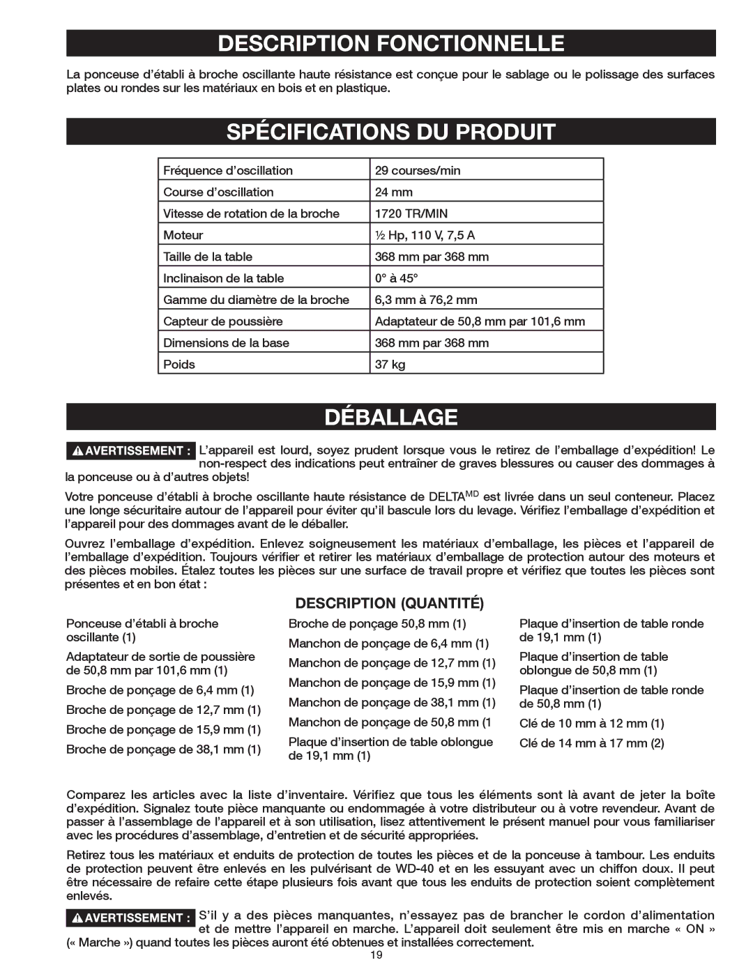 Delta 31-483 operating instructions Description Fonctionnelle, Spécifications DU Produit, Déballage, Description Quantité 