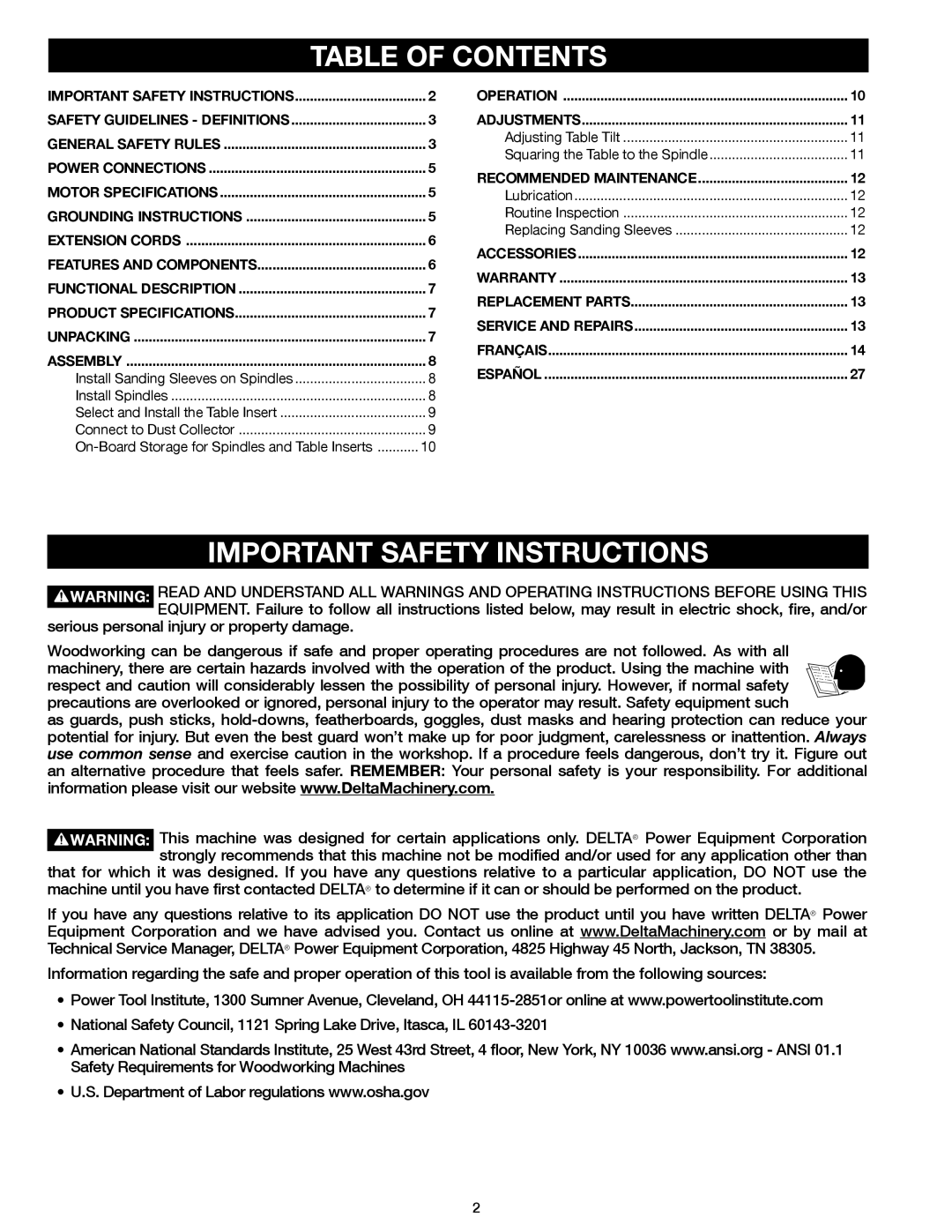 Delta 31-483 operating instructions Table of Contents, Important Safety Instructions 