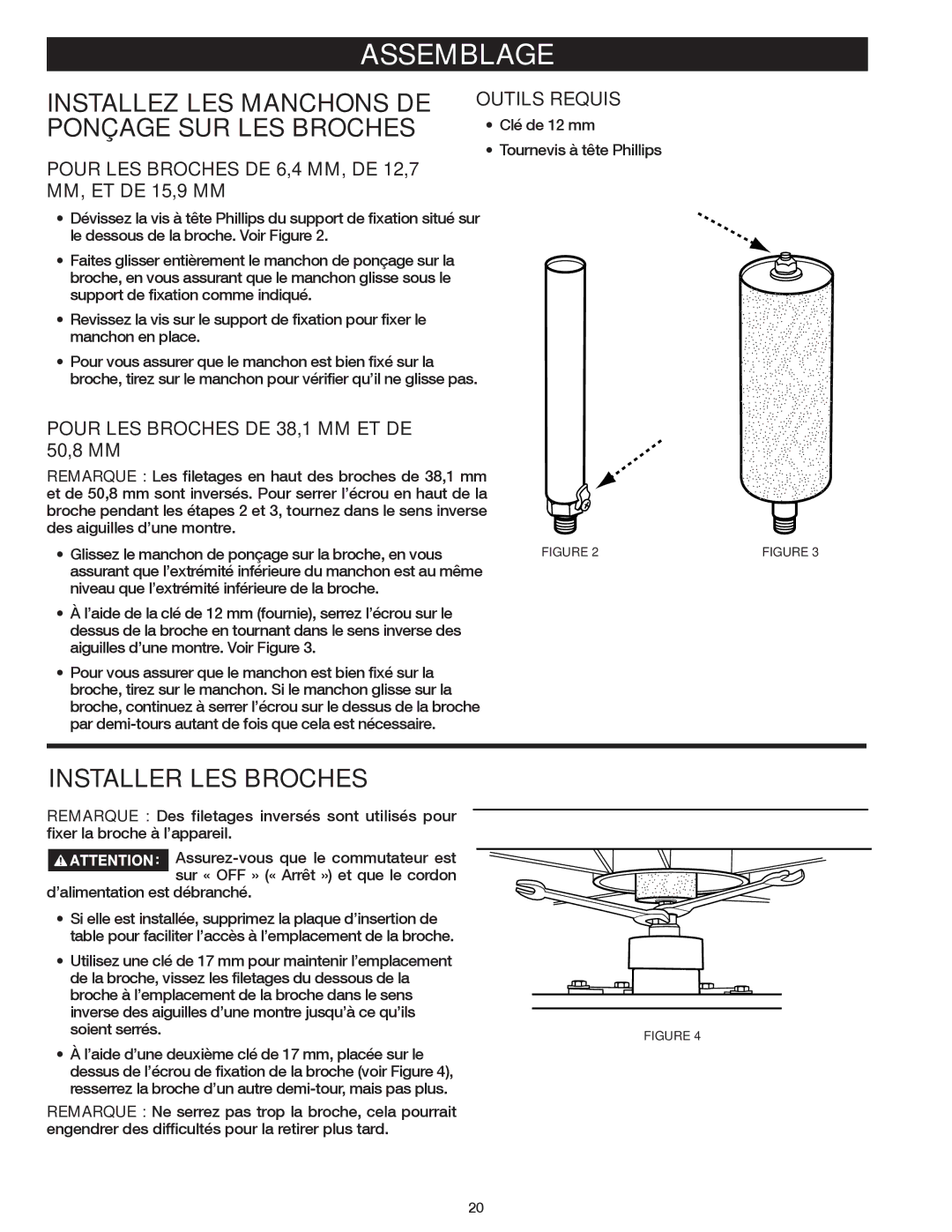 Delta 31-483 operating instructions Assemblage, Installez LES Manchons DE Ponçage SUR LES Broches, Installer LES Broches 