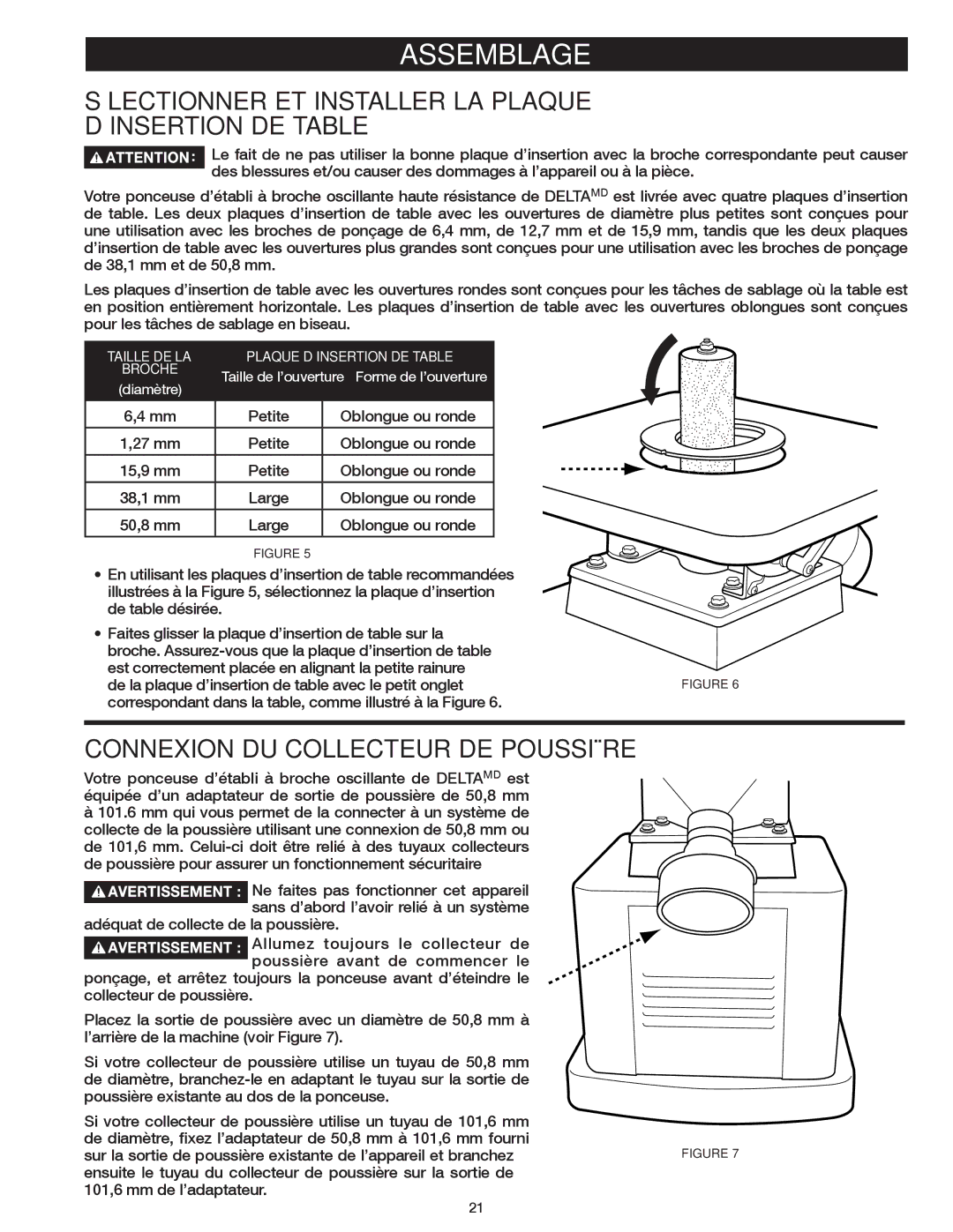 Delta 31-483 Sélectionner ET Installer LA Plaque ’INSERTION DE Table, Connexion DU Collecteur DE Poussière 