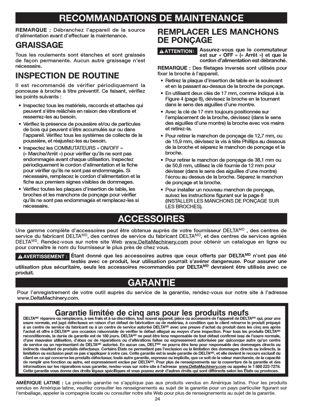 Delta 31-483 operating instructions Recommandations DE Maintenance, Accessoires, Garantie 