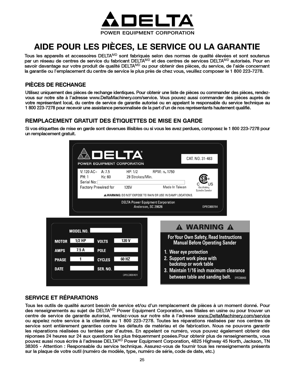 Delta 31-483 operating instructions Aide Pour LES PIÈCES, LE Service OU LA Garantie, Service ET Réparations 